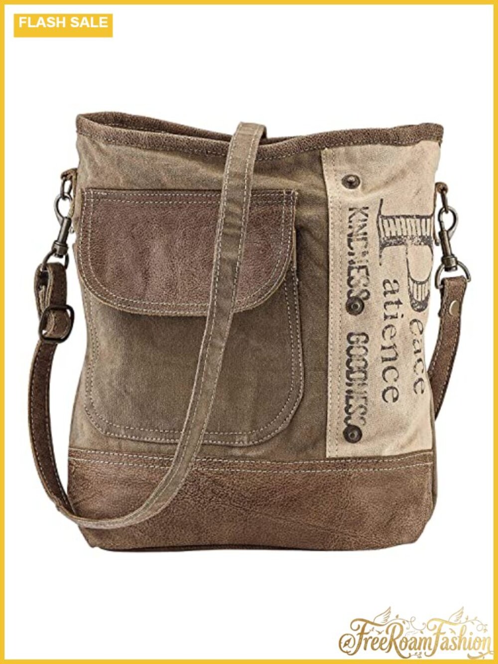 Upcycled Canvas Shoulder Bag Faux-Leather Trim Adjustable Strap